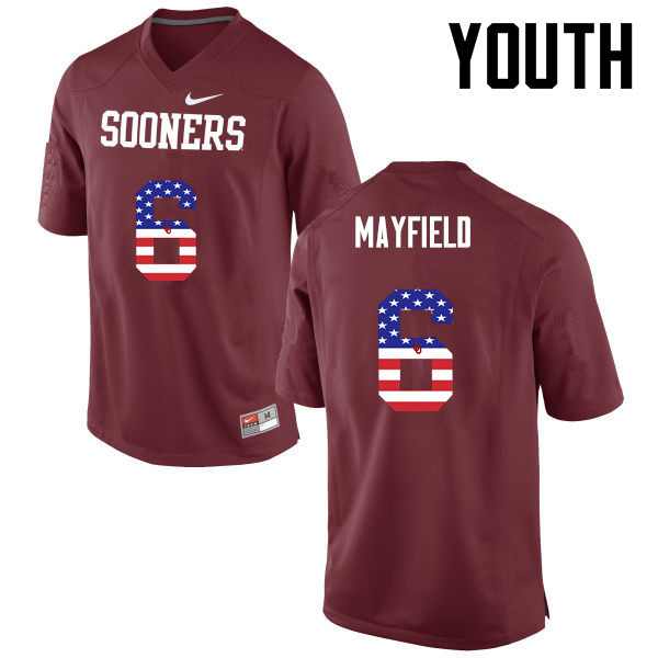 Youth Oklahoma Sooners #6 Baker Mayfield College Football USA Flag Fashion Jerseys-Crimson - Click Image to Close